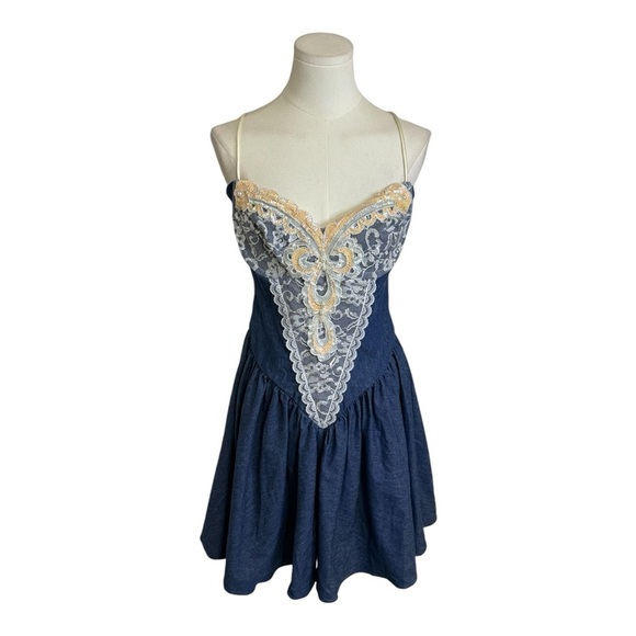 Vintage 1980s Loralie Denim Jean Mini Dress Size 10 Lace Beaded Sequins Country - Picture 10 of 10